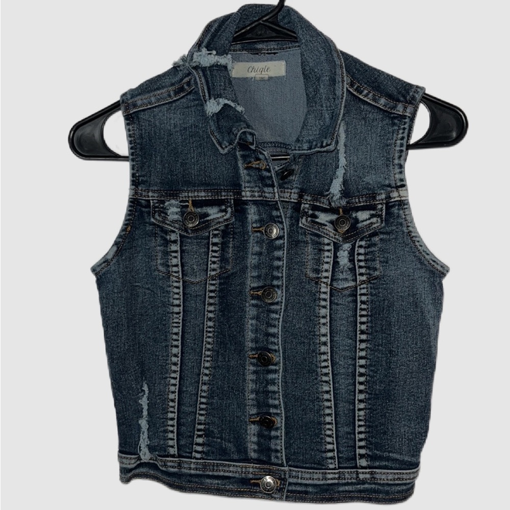 Distressed Jean Vest with Collar